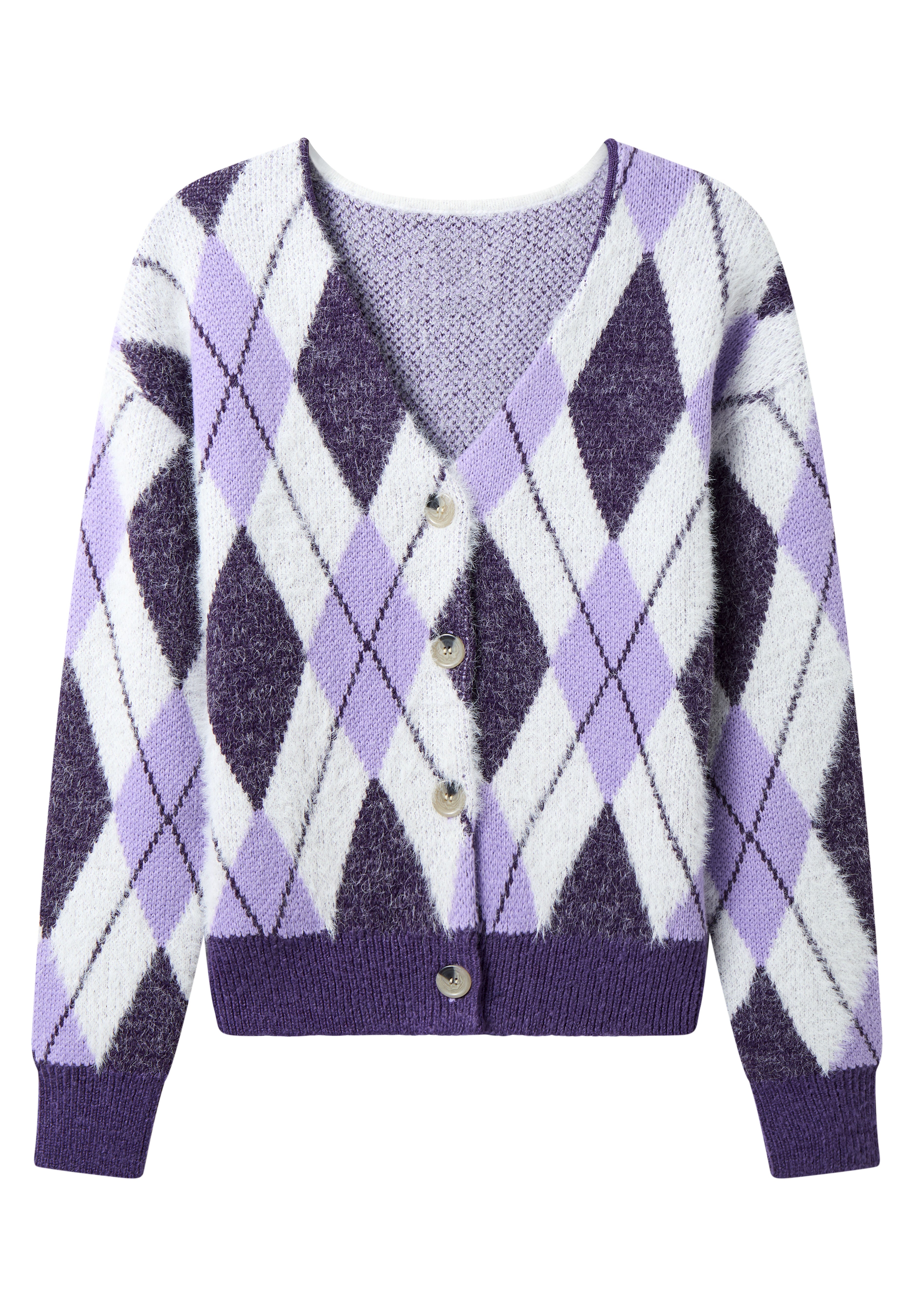 Fuzzy V-Neck Cardigan, VIOLET ARGYLE, alternate image number 3