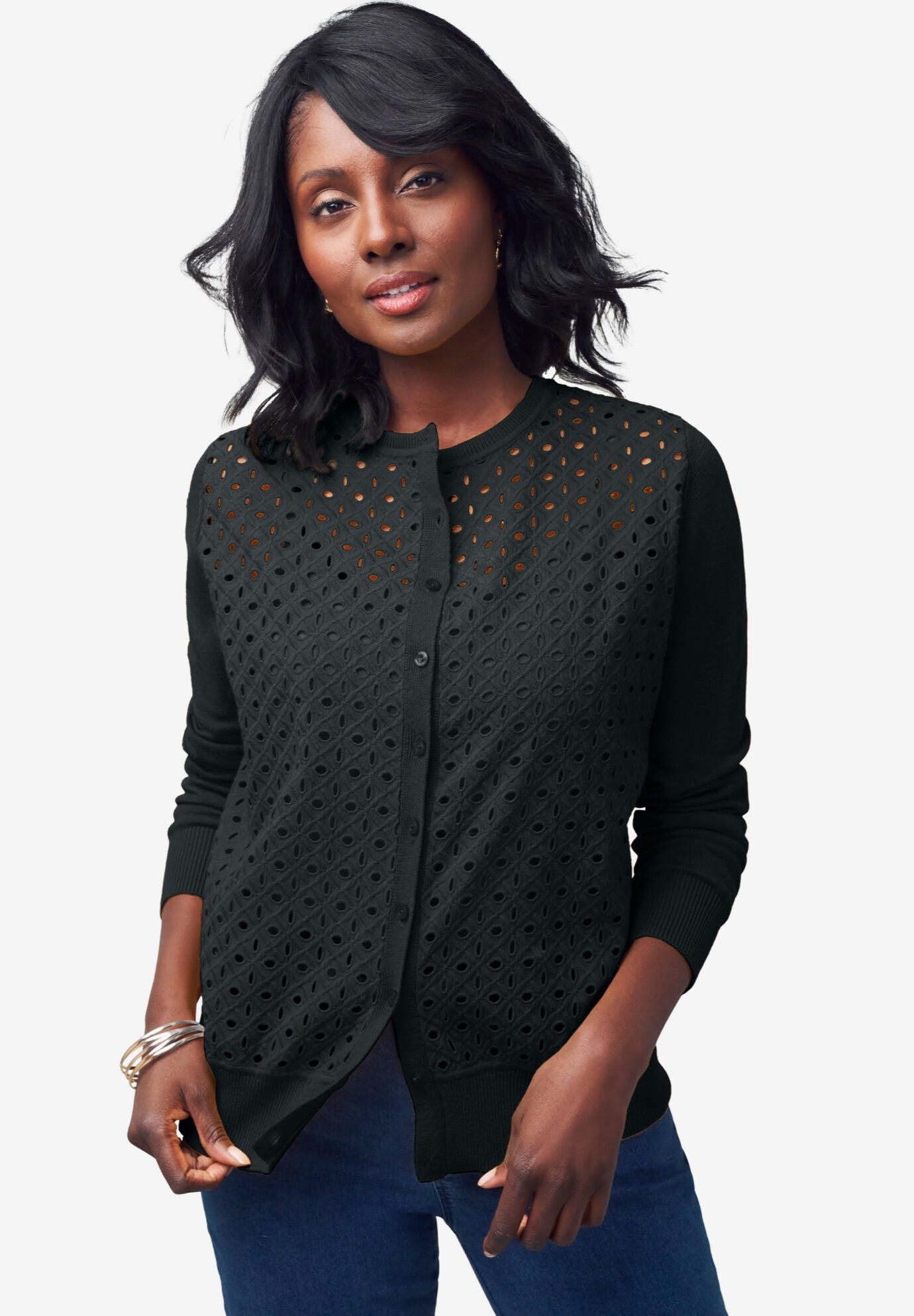 Fashionable Fine Gauge Eyelet Cardigan Black Roaman s