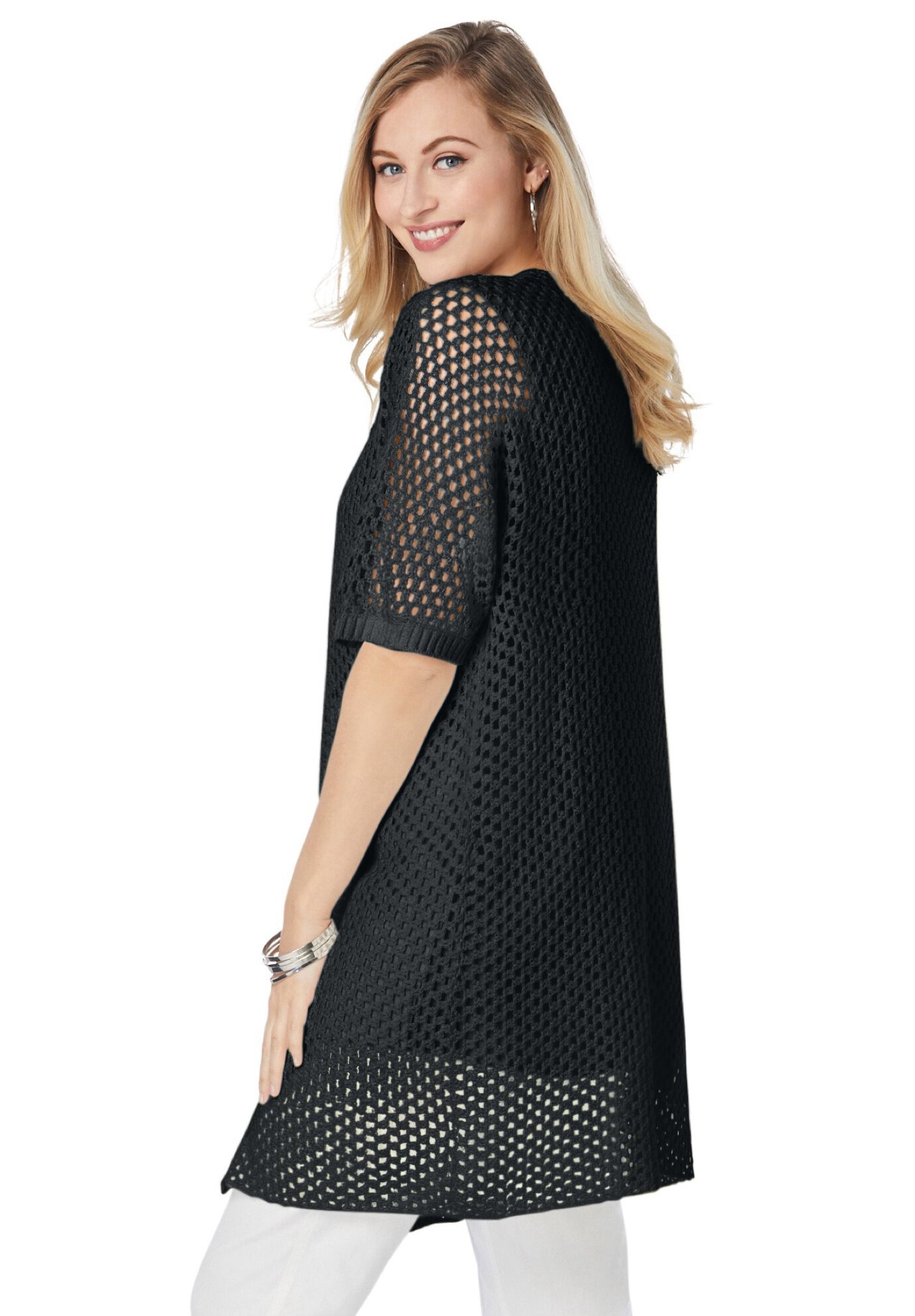 Crochet Long Cardigan, BLACK, alternate image number 2