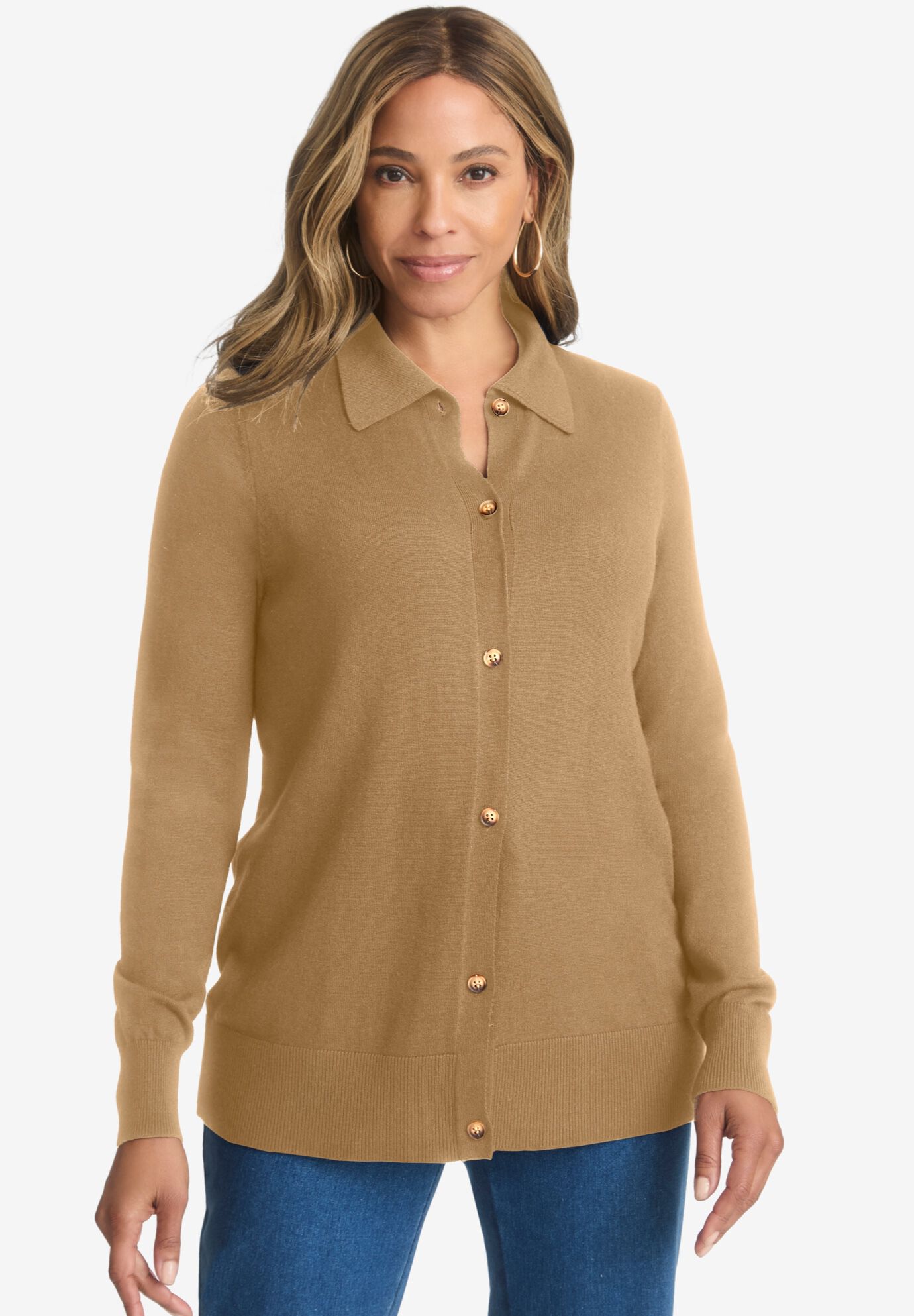 Cotton Cashmere Collared Cardigan, SOFT CAMEL, hi-res image number 0