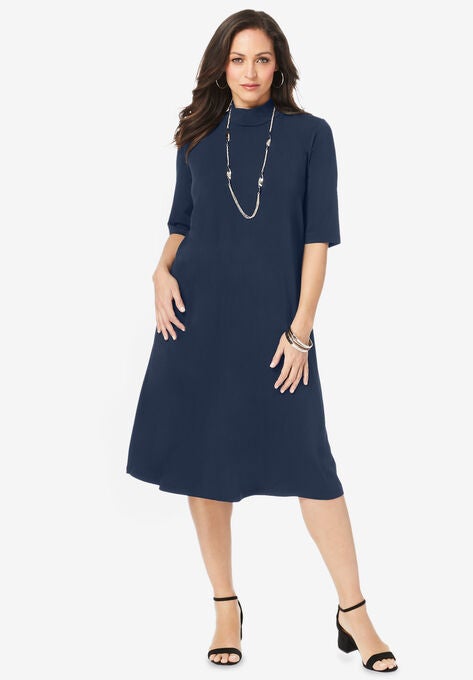 Mockneck Trapeze Dress, NAVY, hi-res image number null