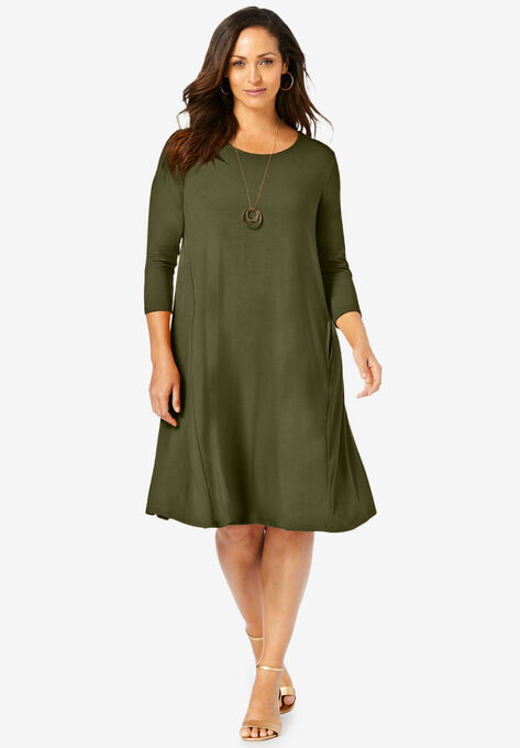 Three-Quarter Sleeve T-shirt Dress, DARK OLIVE GREEN, hi-res image number null