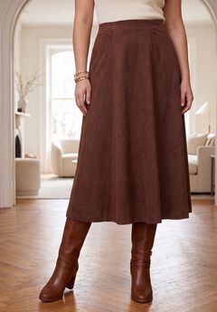 Stretch Faux Suede A-Line Midi Skirt