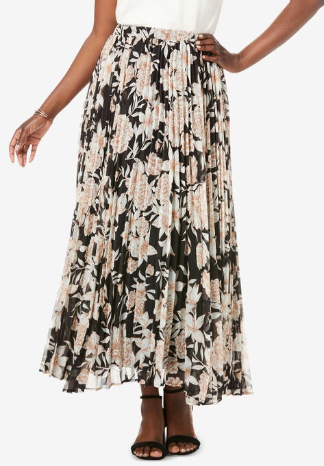 Pleated Maxi Skirt, BLACK BOTANICAL FLORAL, hi-res image number null