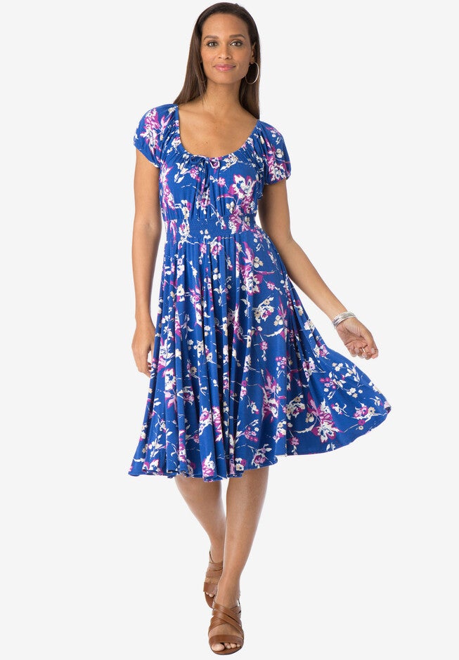 Stretch Knit Peasant Dress, DARK SAPPHIRE FLORAL, hi-res image number null