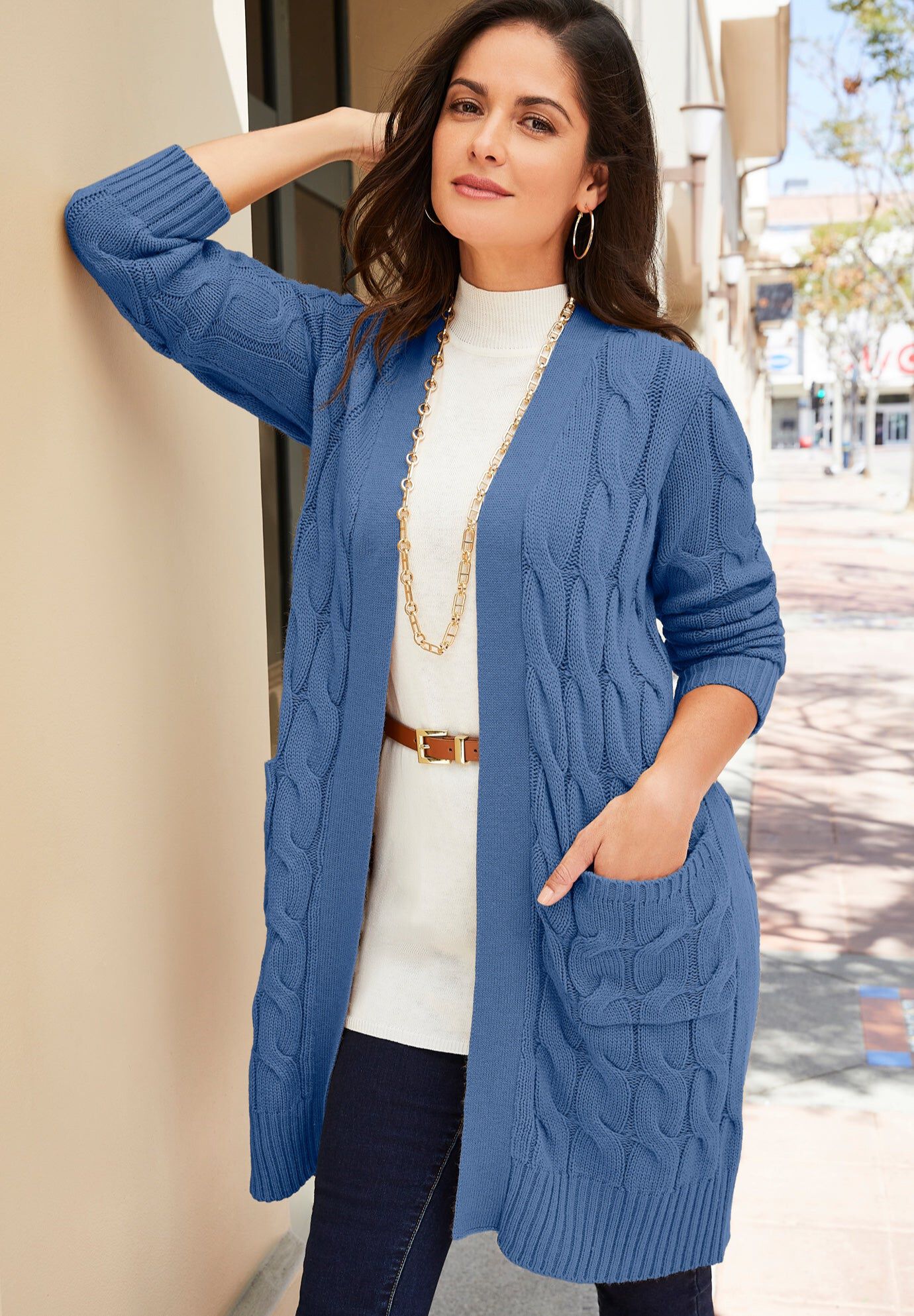 Cable Duster Sweater, DUSTY INDIGO, hi-res image number 0