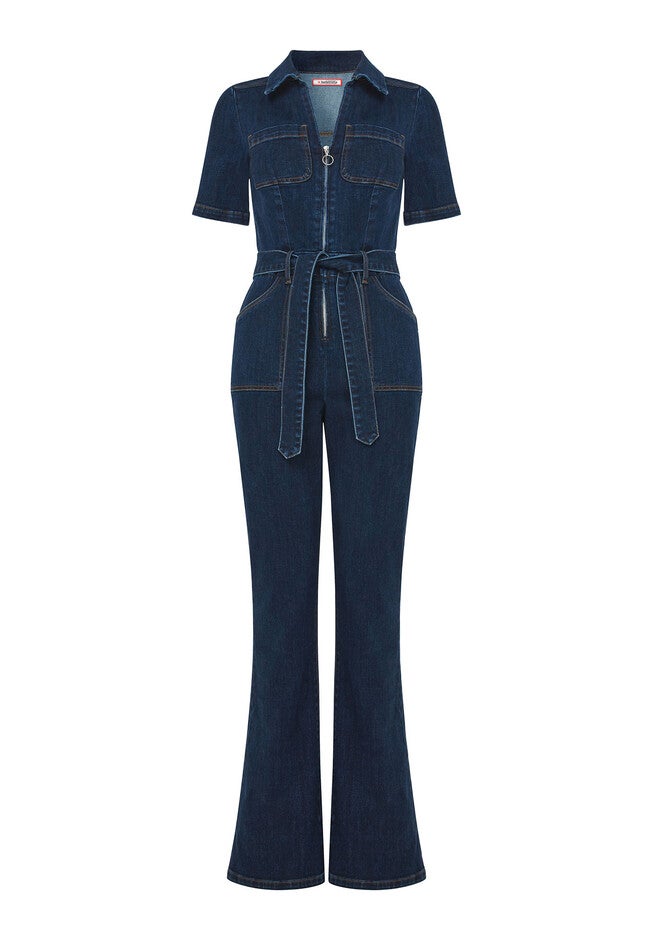 Stretch Denim Jumpsuit, DARK BLUE, alternate image number 4