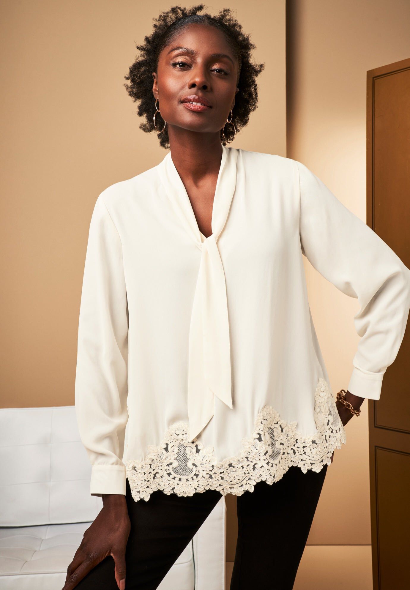Lace Trim Bow Blouse Roaman's