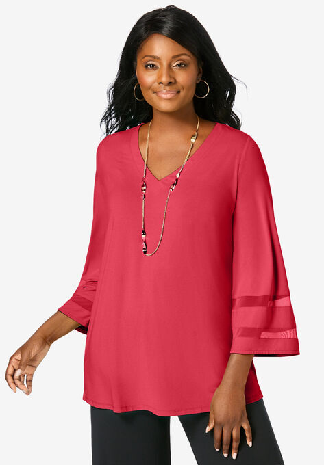 Mesh Inset Sleeve Tunic, VIBRANT WATERMELON, hi-res image number null
