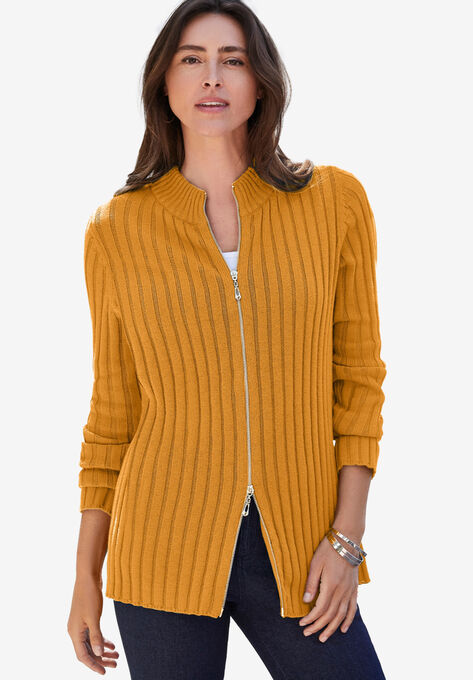 Ribbed Zipper Cardigan, RICH GOLD, hi-res image number null