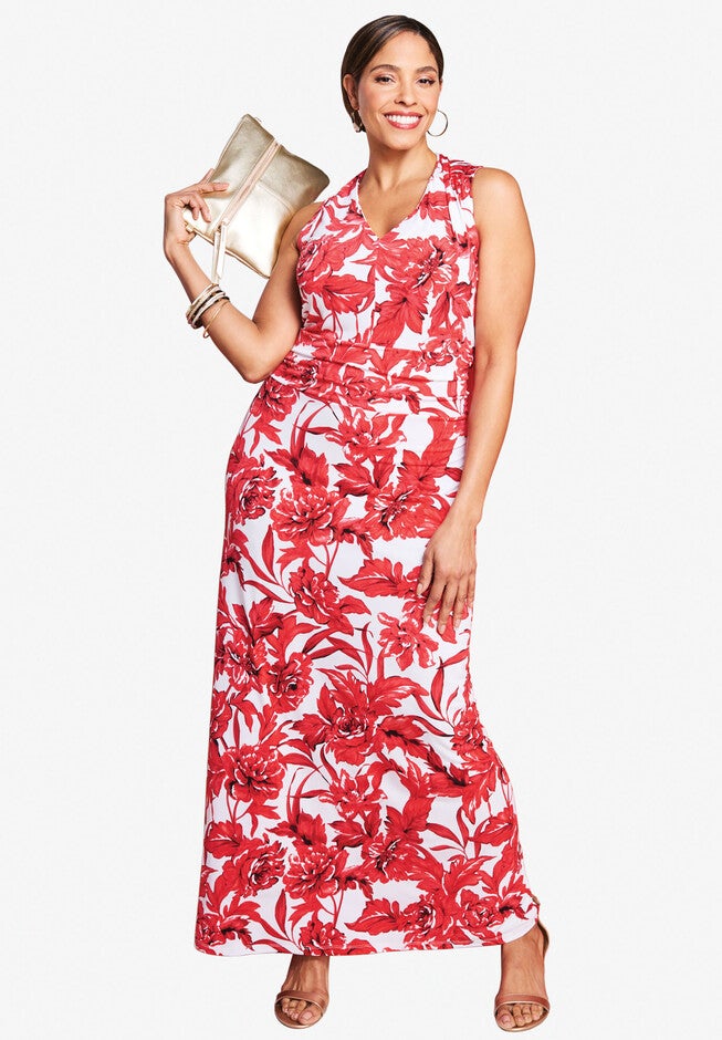 V-Neck Maxi Dress, HOT RED FLORAL, hi-res image number null