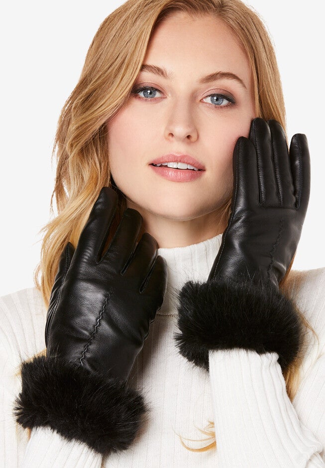 Faux Fur Leather Gloves, BLACK, hi-res image number 0
