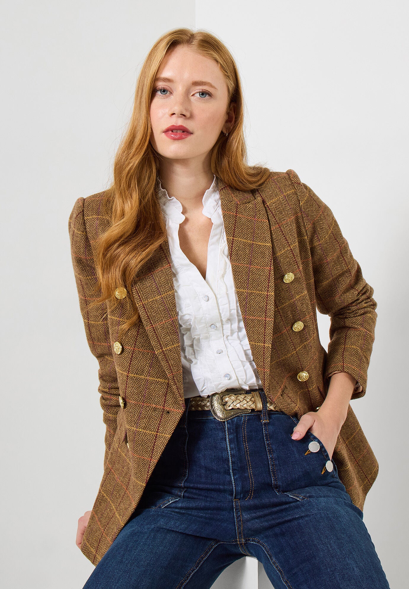 Double Breasted Plaid Blazer, COGNAC PLAID, on-hover image number 1