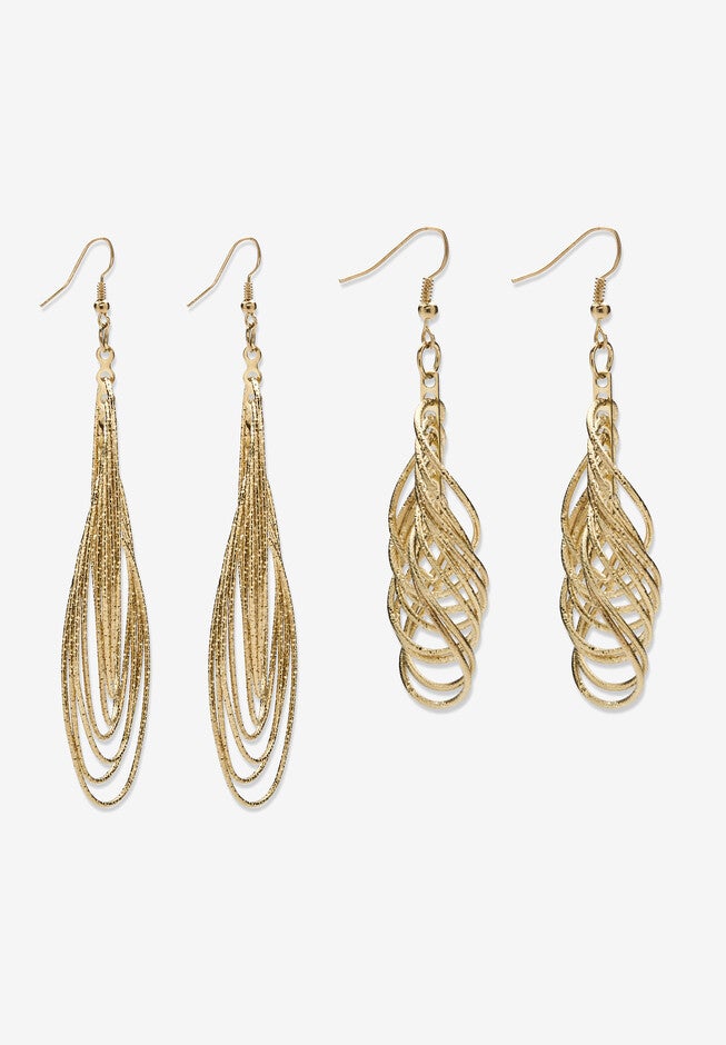 Goldtone Diamond Cut 2 Piece Set Drop Earrings (72x24mm), , alternate image number 4