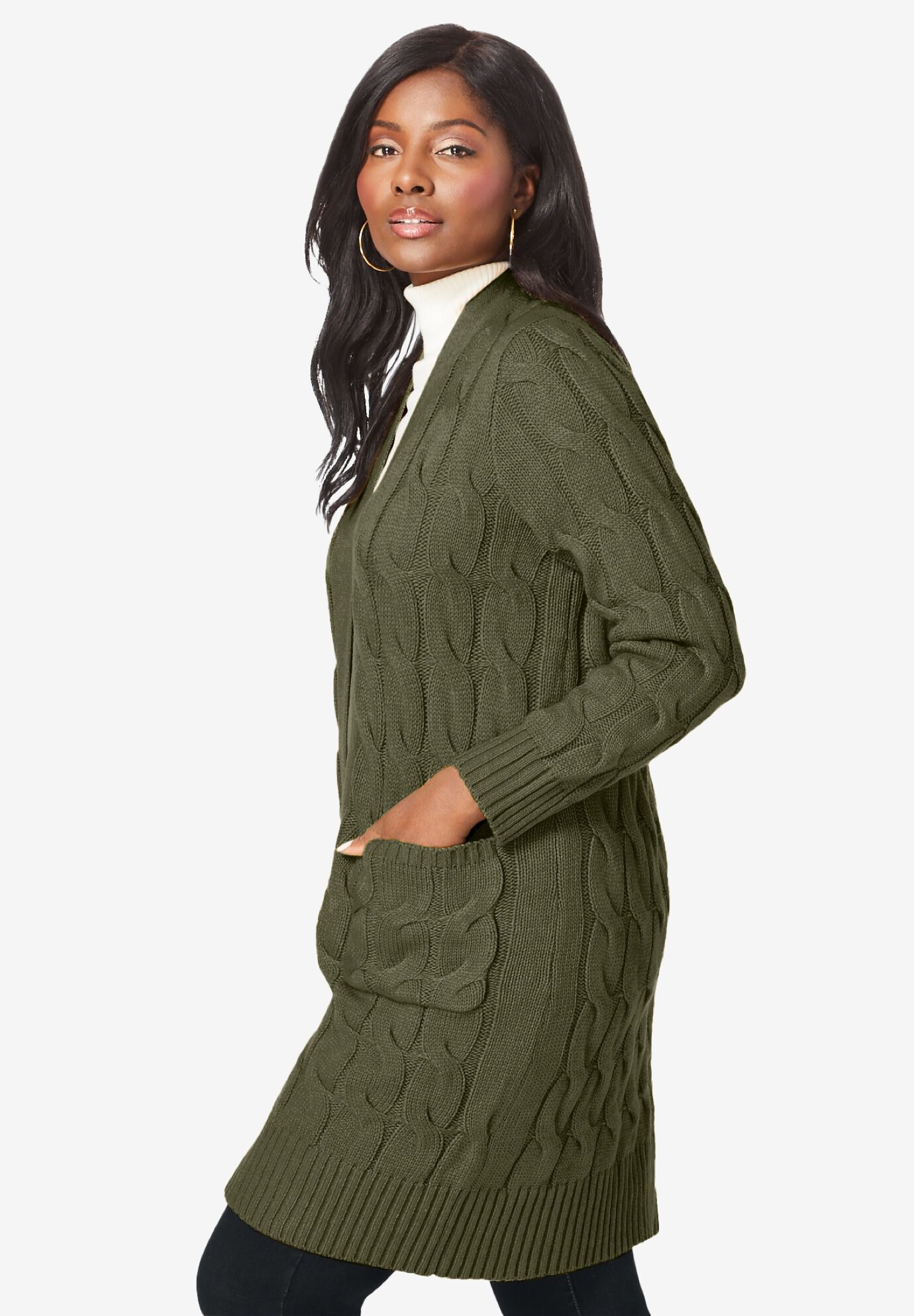 Fashionable Cable Duster Sweater Dark Olive Green Roaman s