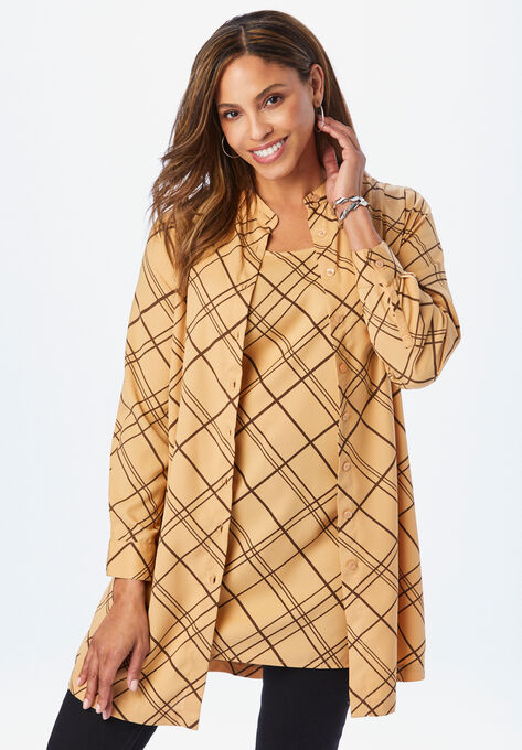 Georgette Button Front Tunic, SOFT CAMEL BIAS STRIPE, hi-res image number null