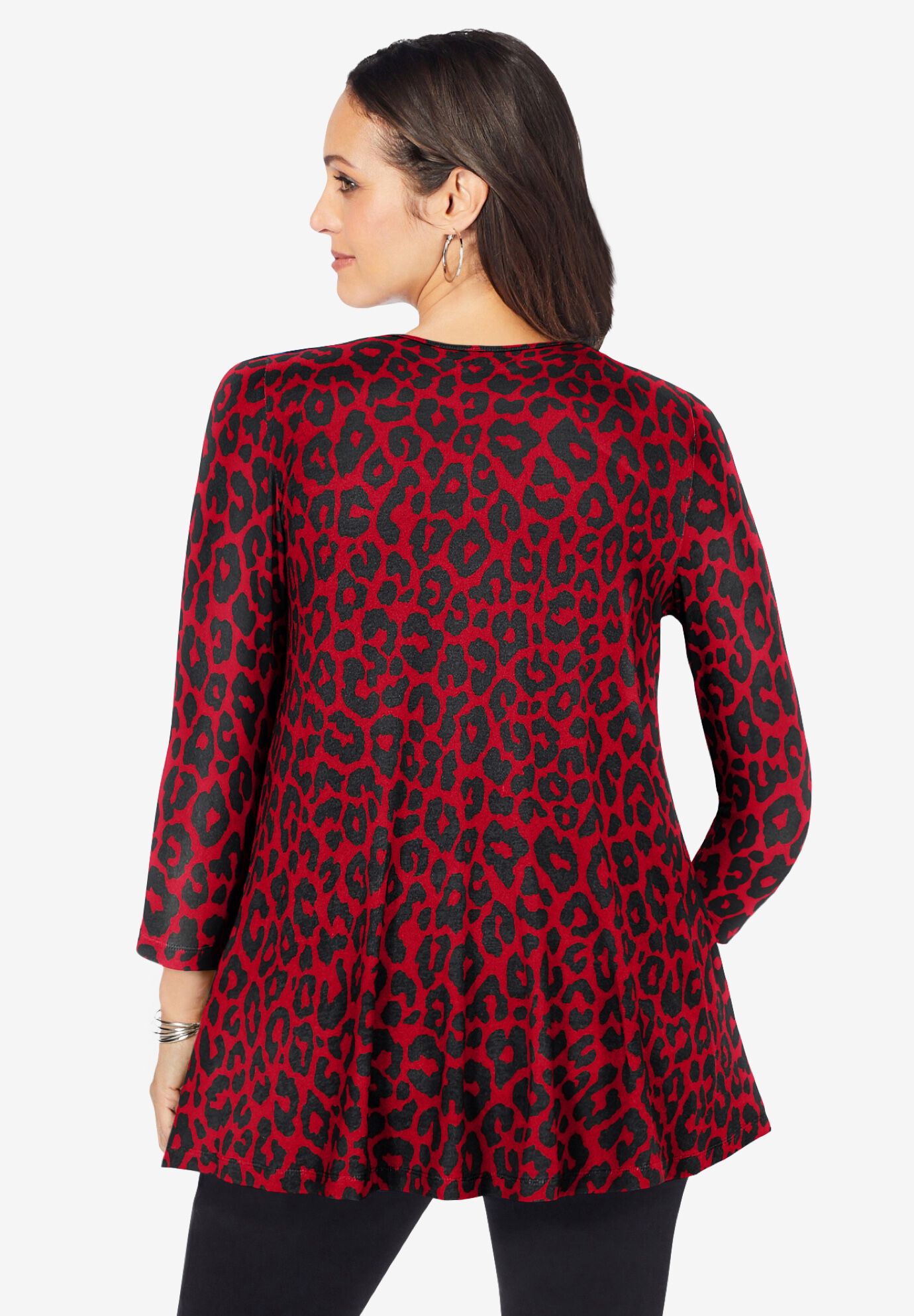 Stretch Knit Keyhole Swing Tunic, BLACK, on-hover image number 1