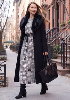 Long Wool-Blend Coat with Faux Fur Collar