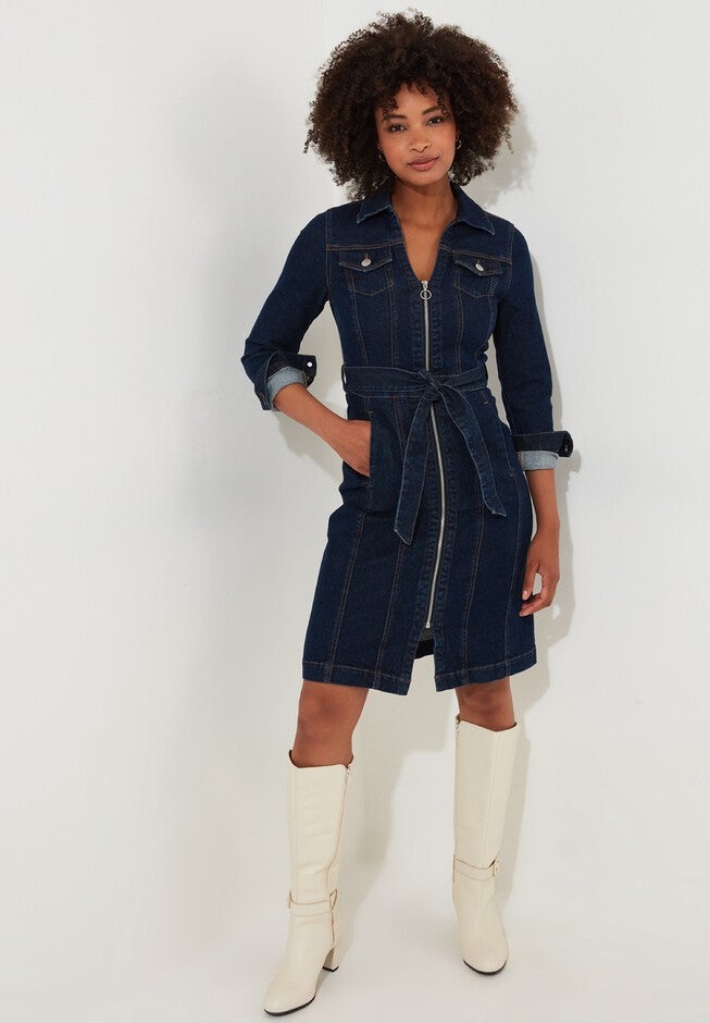 Belted Stretch Denim Dress, DARK BLUE, hi-res image number null
