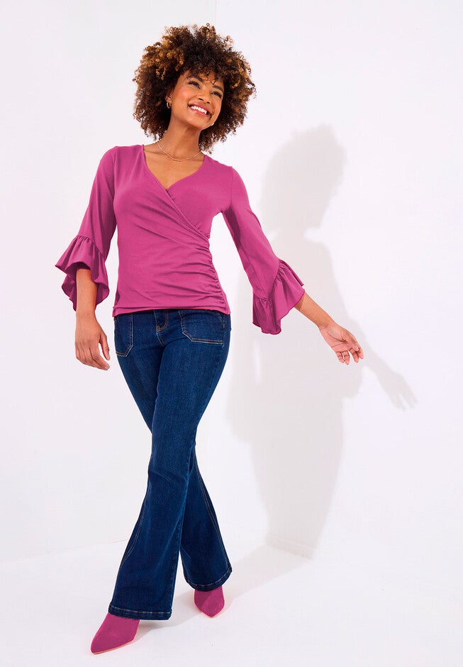 Stretch Knit Bell Sleeve Top, HOT PINK, alternate image number null