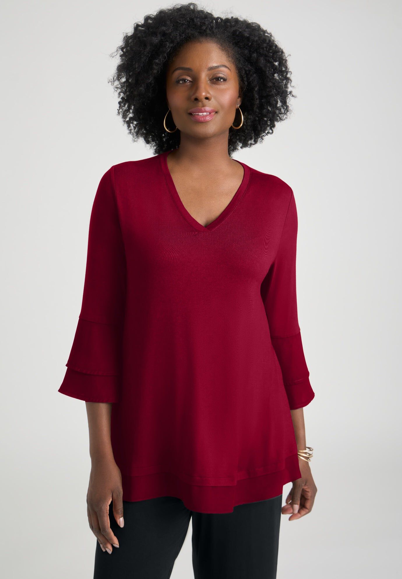 Ruffle Layered Sleeve Top, RICH BURGUNDY, hi-res image number 0