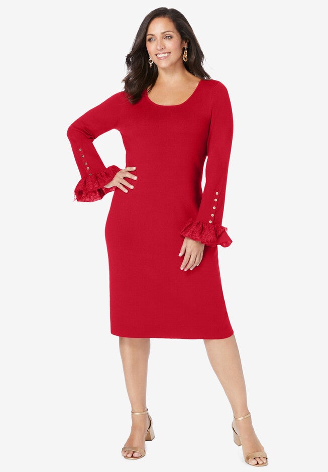 Lace Trim Sweater Dress, CLASSIC RED, hi-res image number null