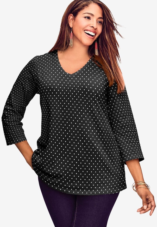 Fashionable Stretch Cotton V-Neck Tee, Black Animal Patchwork | Roaman's