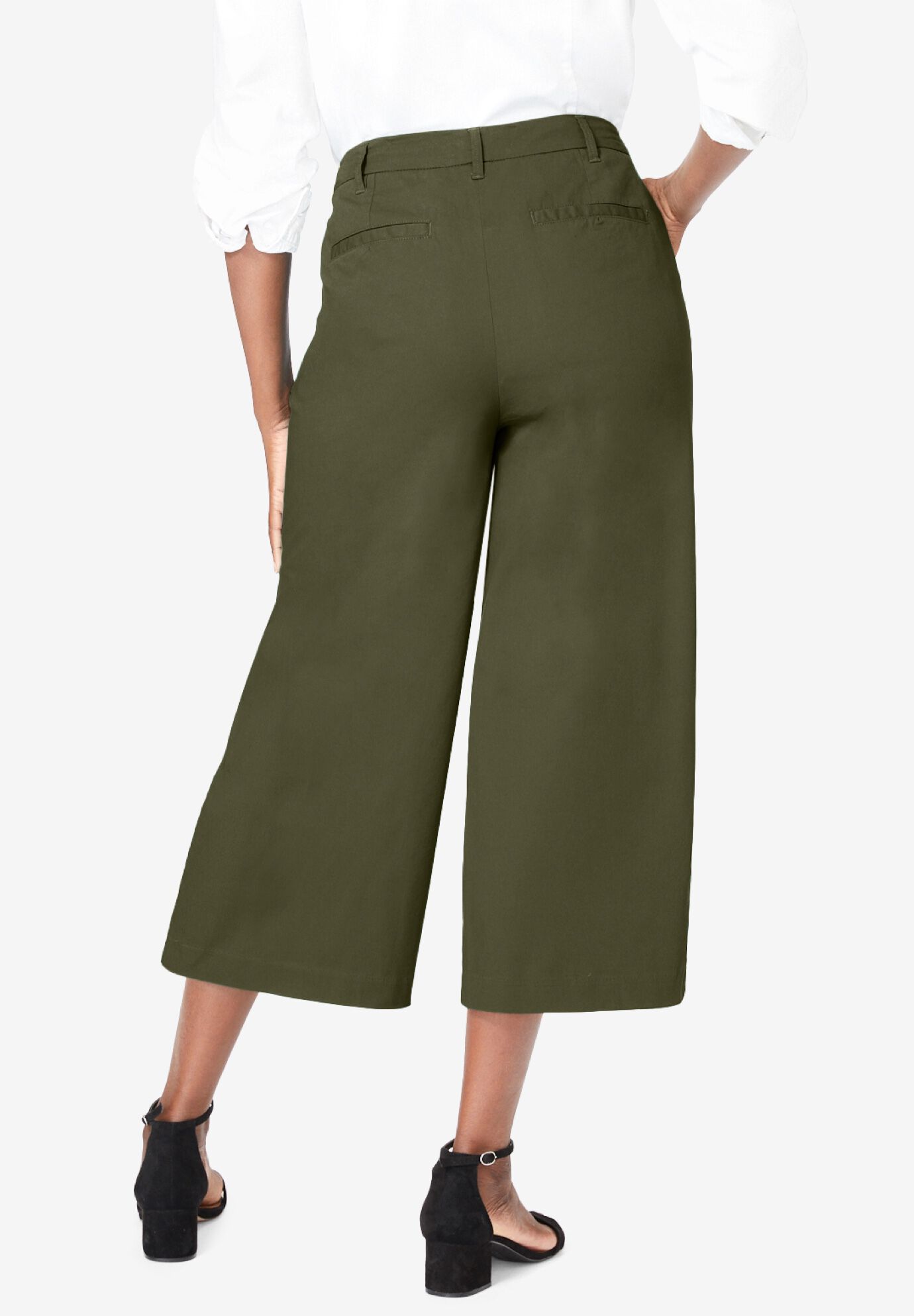 Stretch Cotton Chino Wide-Leg Crop, DARK OLIVE GREEN, on-hover image number 1