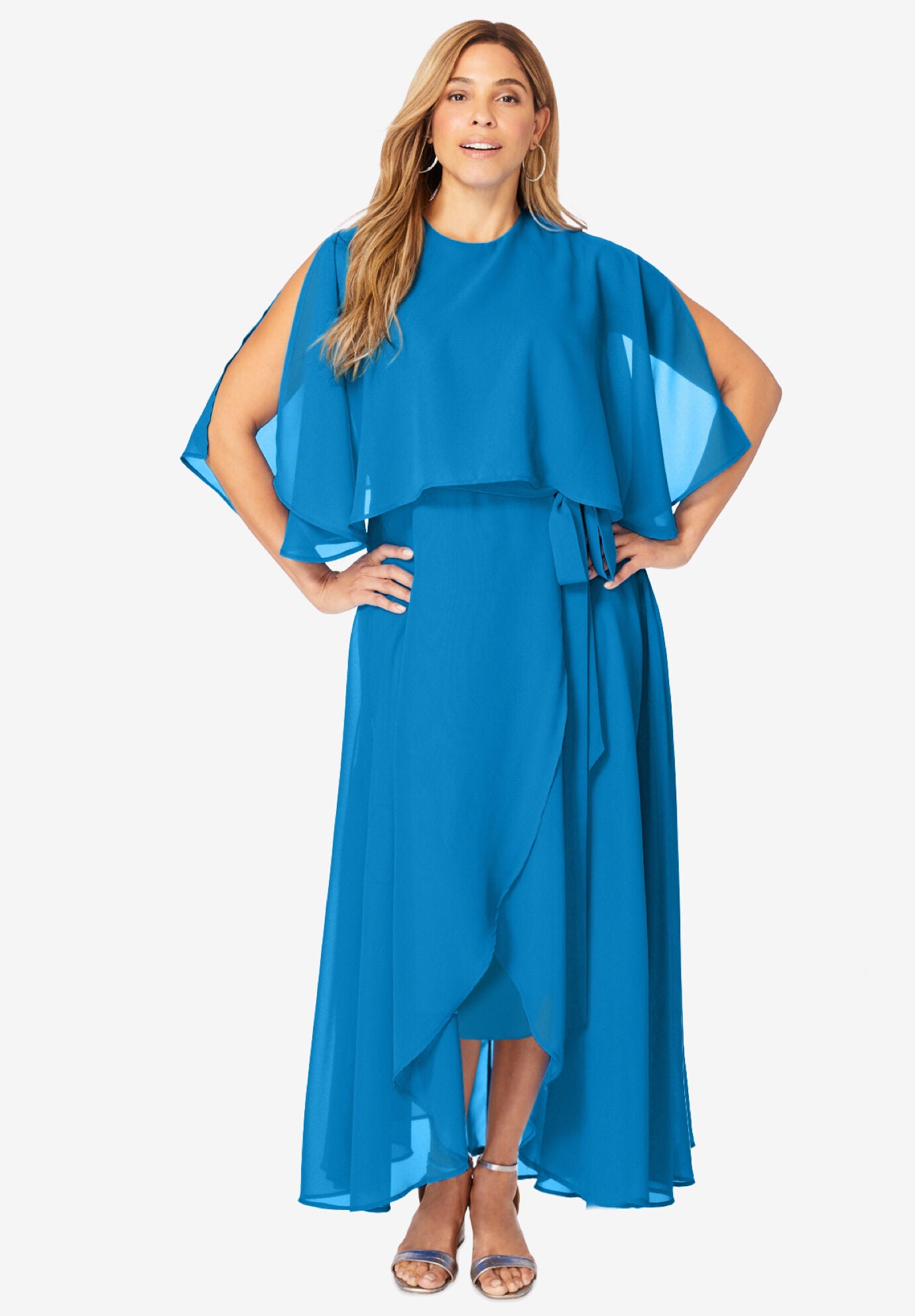 Fashionable Maxi Cape Sleeve Dress, Pool Blue Roaman's