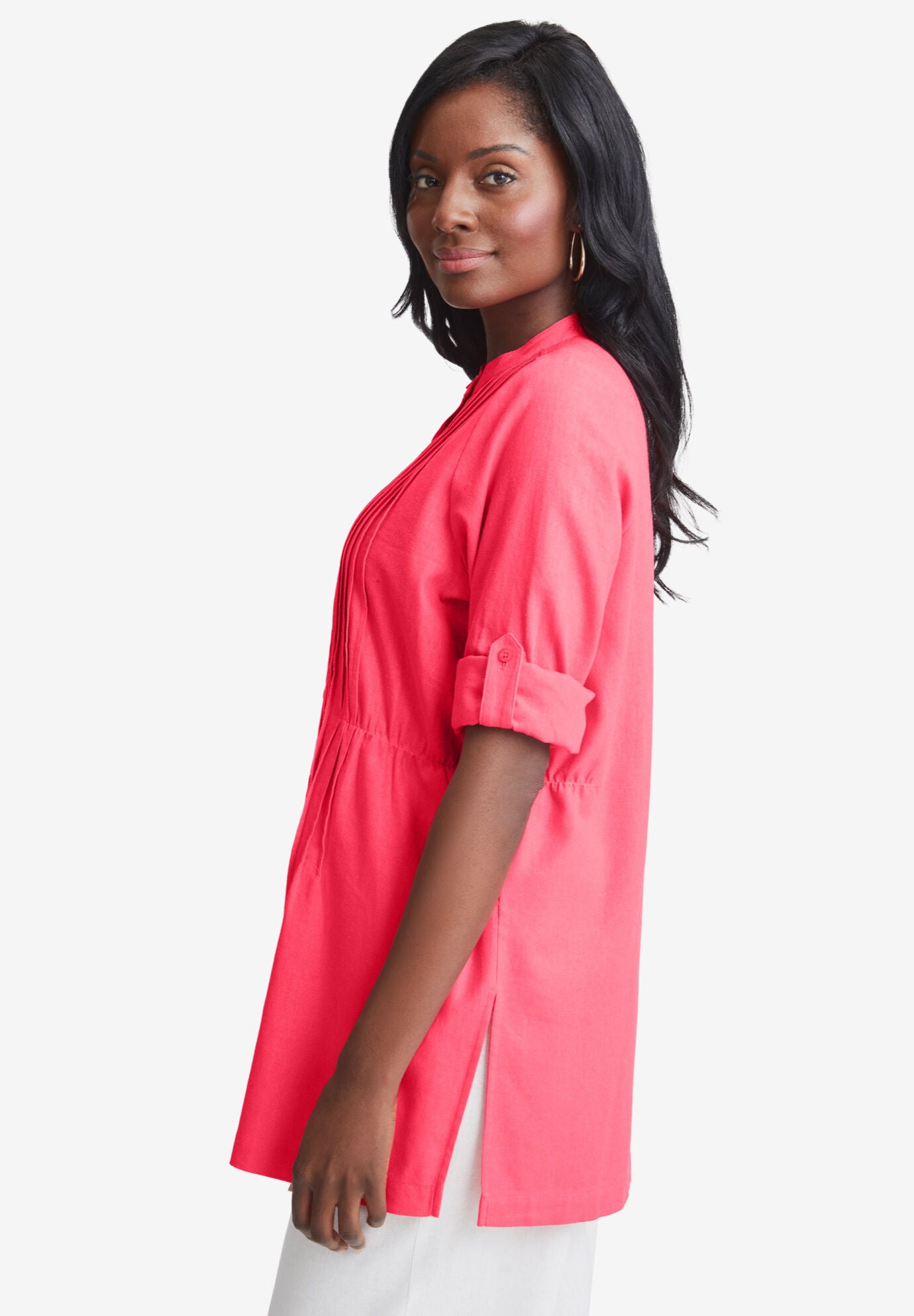 Linen Pintuck Button Front Blouse, , alternate image number 2