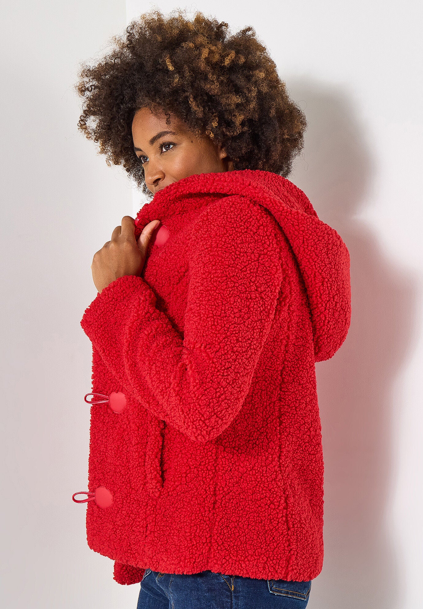 Hooded Sherpa Toggle Jacket, BRIGHT RED, alternate image number 2