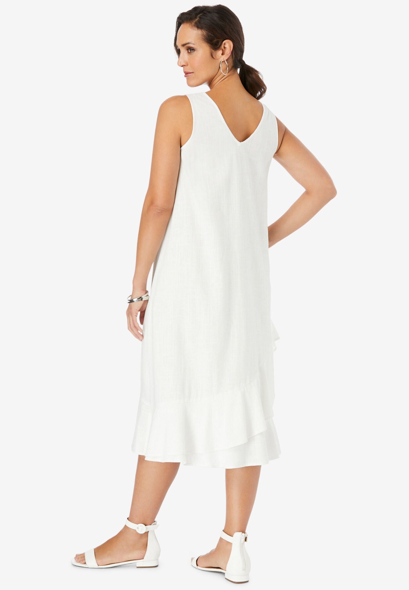 Linen Flounce Dress, WHITE, on-hover image number 1