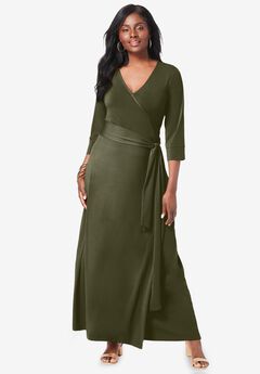 Stretch Knit Faux Wrap Maxi Dress