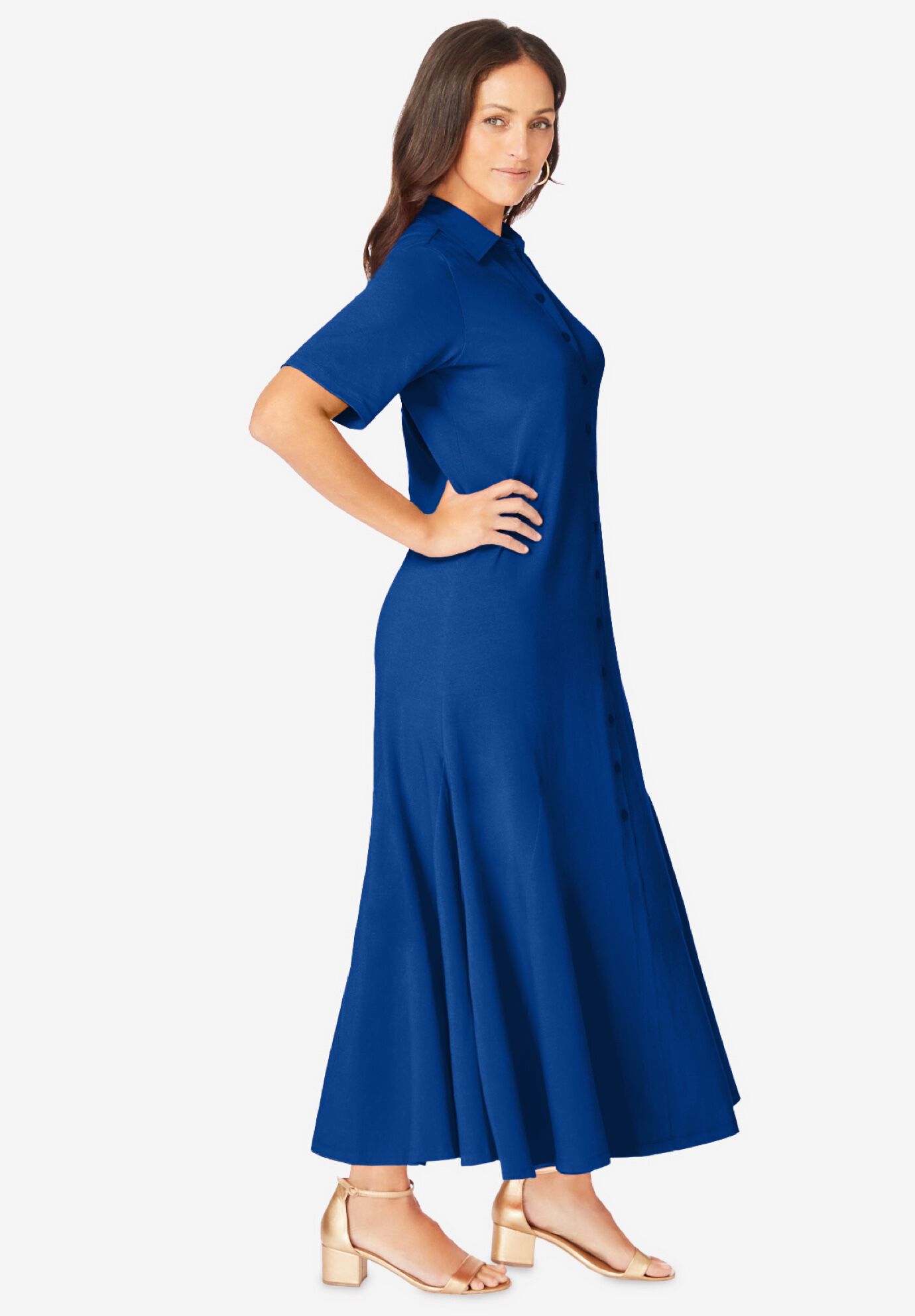 Stretch Cotton Button Front Maxi Dress, DARK SAPPHIRE, alternate image number 2