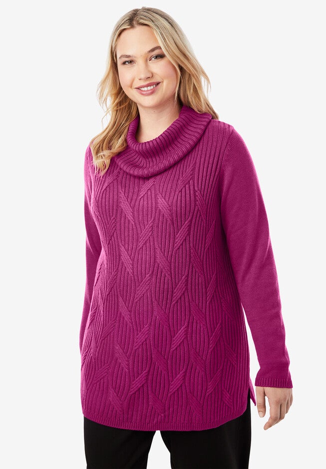 Cotton Cashmere Cowl Neck Sweater, RASPBERRY, hi-res image number 0