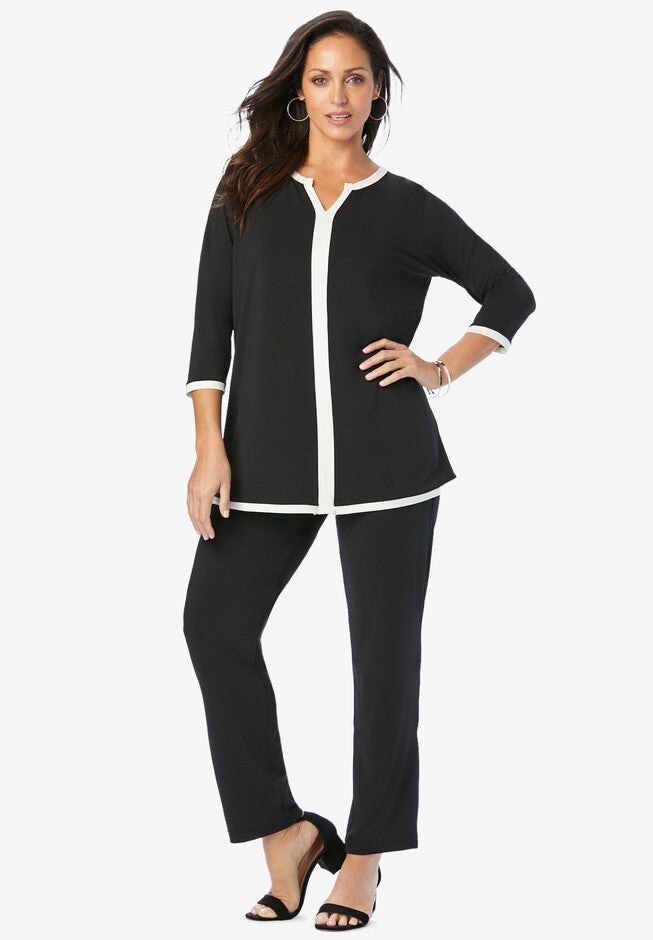 2-Piece Stretch Knit Notch Neck Pant Set, BLACK WHITE COMBO, hi-res image number null