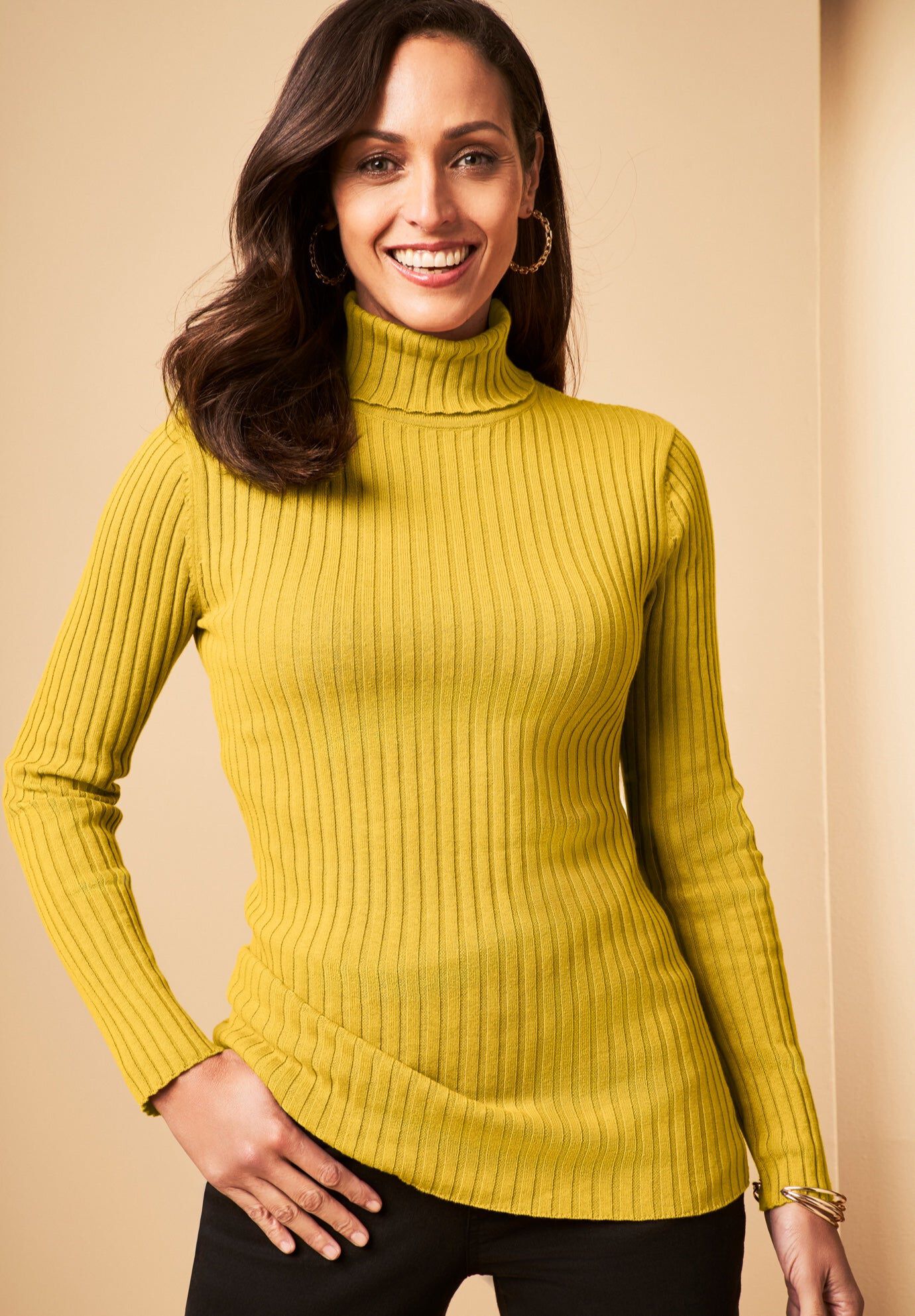 Ribbed Cotton Turtleneck Sweater, OLIVE YELLOW, hi-res image number 0