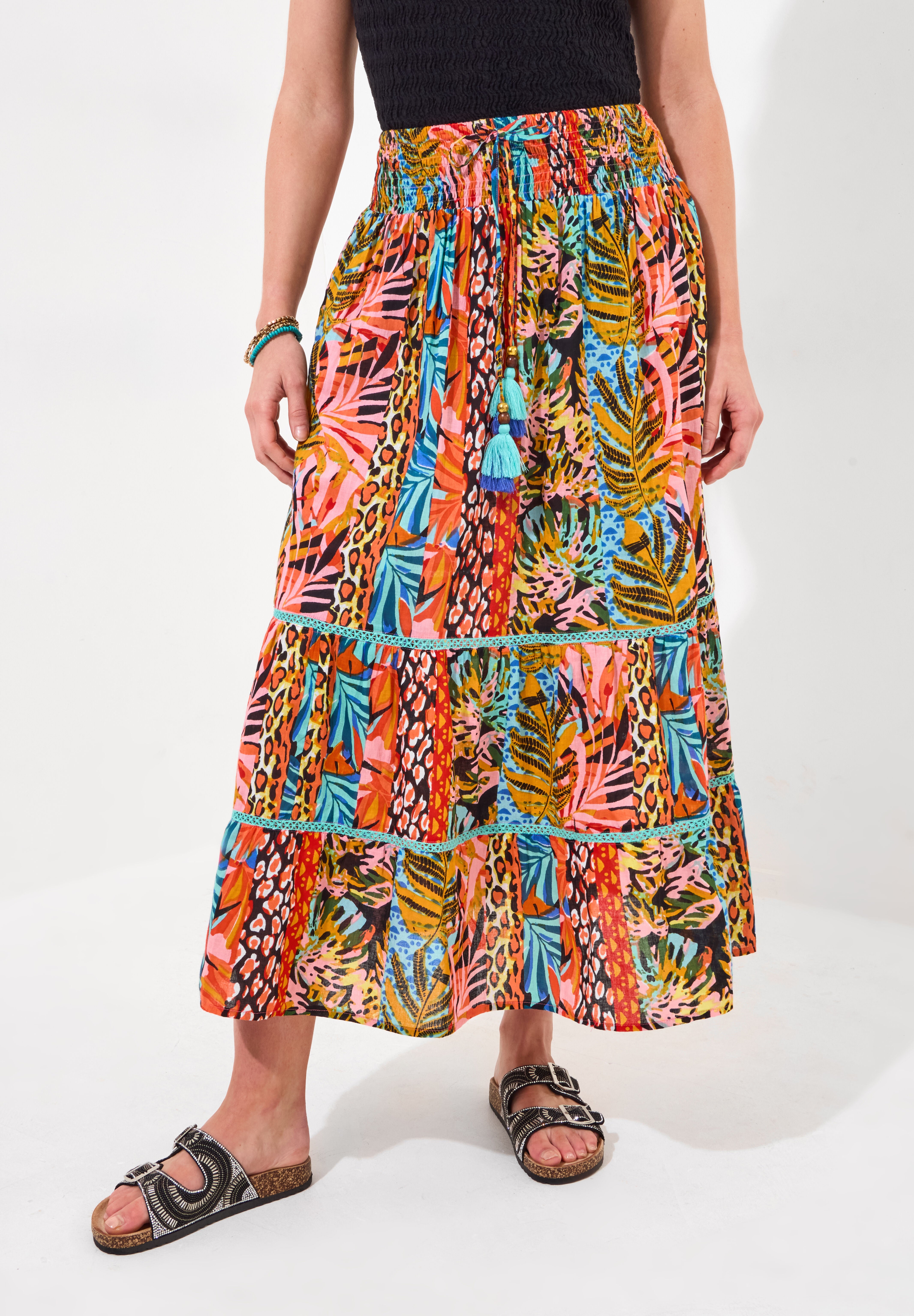 Tassel Tie Tiered Skirt, MIXED JUNGLE RAINFOREST, hi-res image number 0