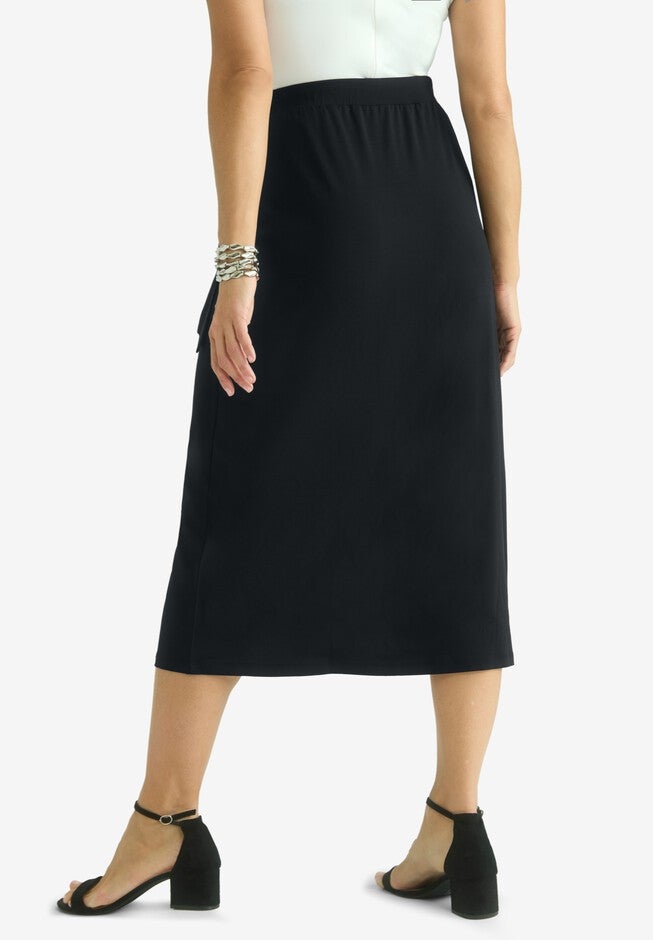 Faux Wrap Midi Skirt, BLACK, on-hover image number null