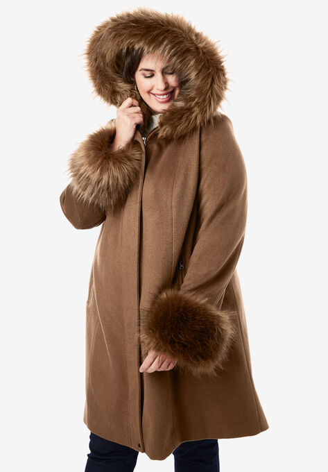 Hooded Faux Fur Trim Coat Roaman S, Faux Fur Hooded Swing Coat Gallery