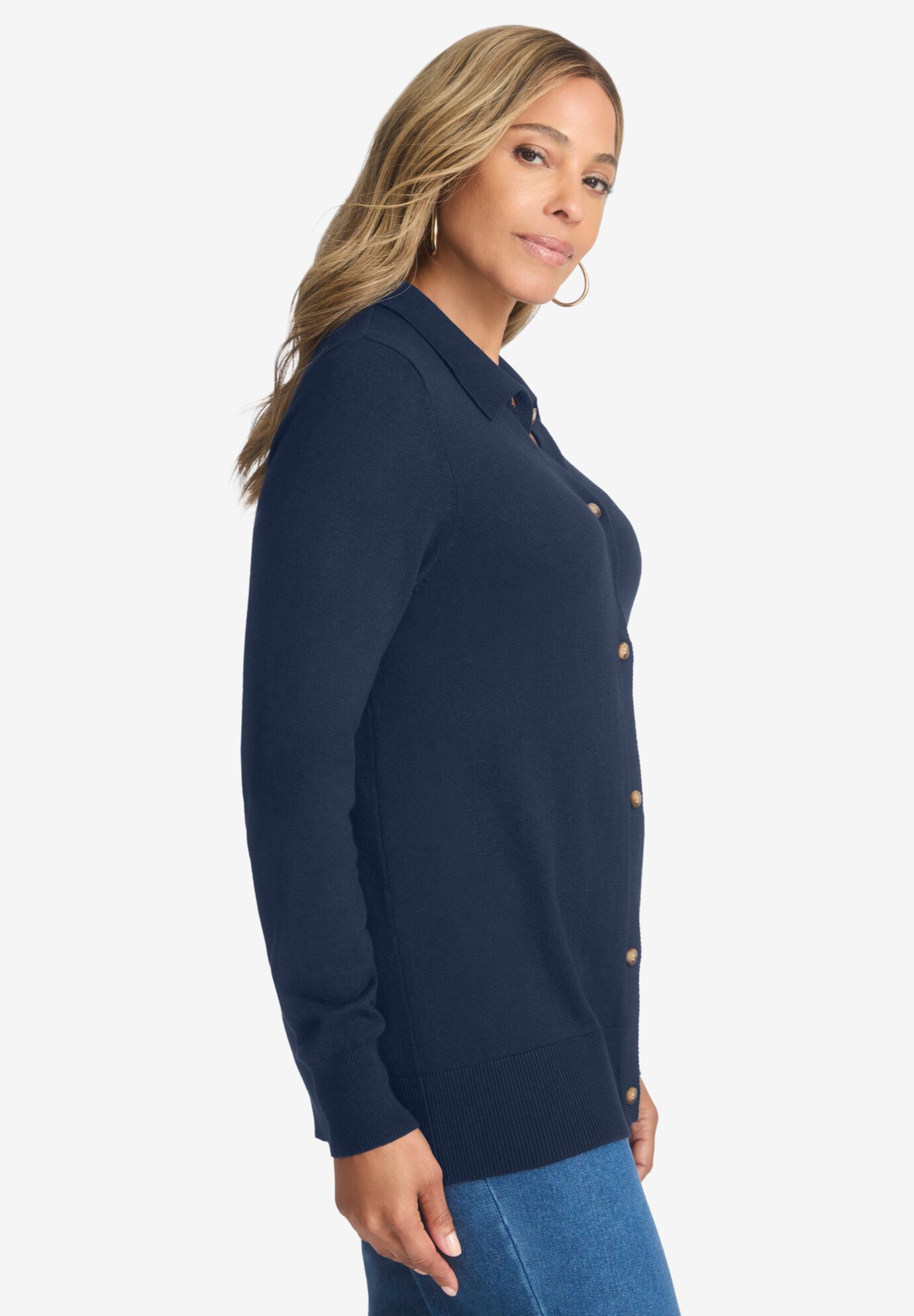 Cotton Cashmere Collared Cardigan, , alternate image number 3