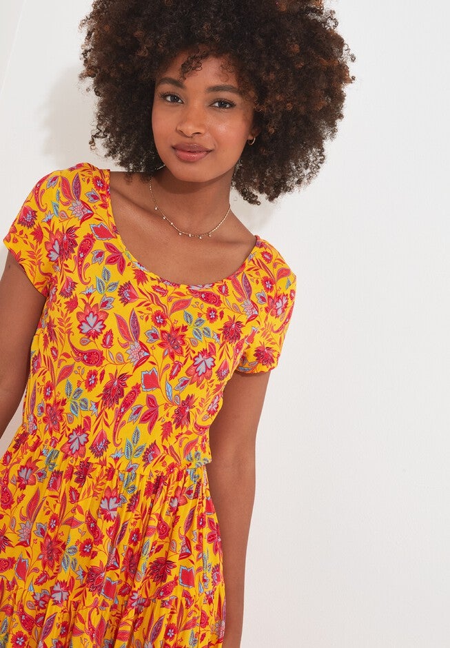 Short Sleeve Flowy Maxi Dress, GOLDEN BLOOM, on-hover image number null