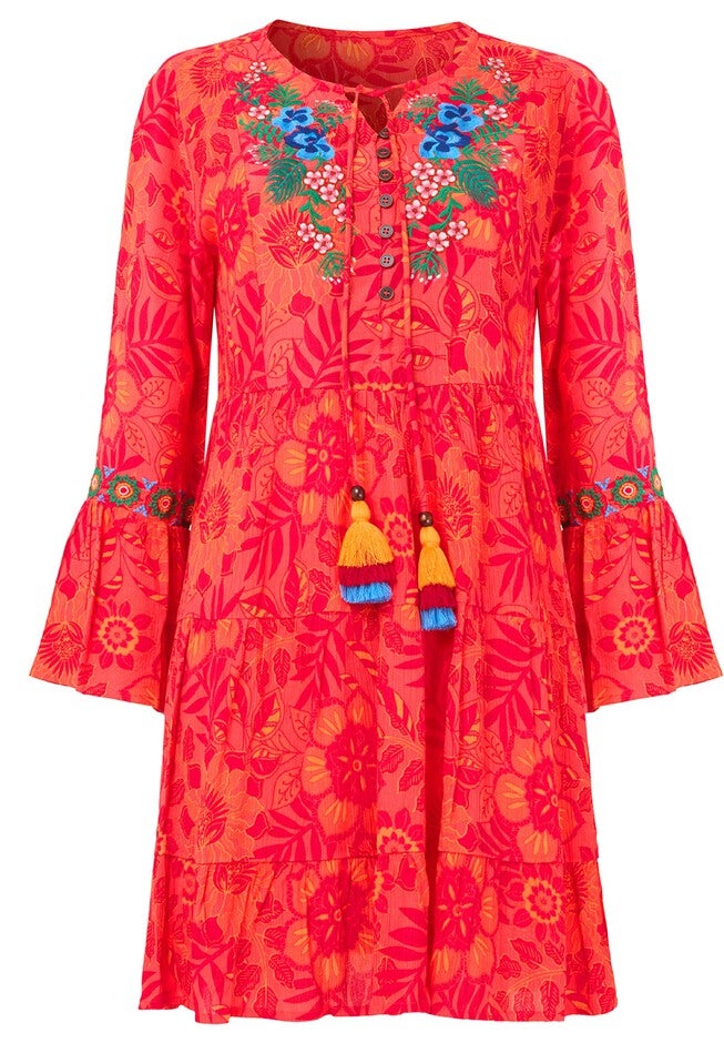 Boho Embroidered Crinkle Tunic, SUNSET FLORAL, on-hover image number null