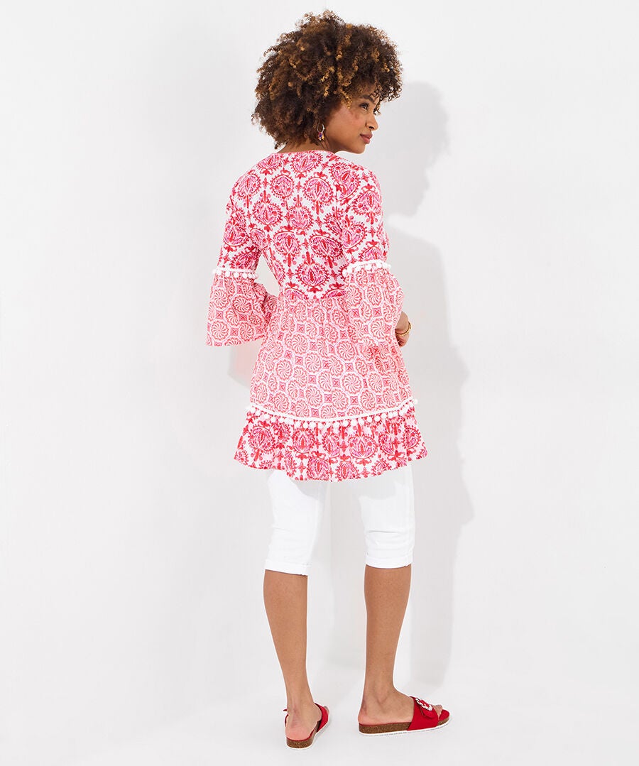 Bell Sleeve Pom Pom Tunic, BOHO MEDALLION PATCHWORK, alternate image number 2