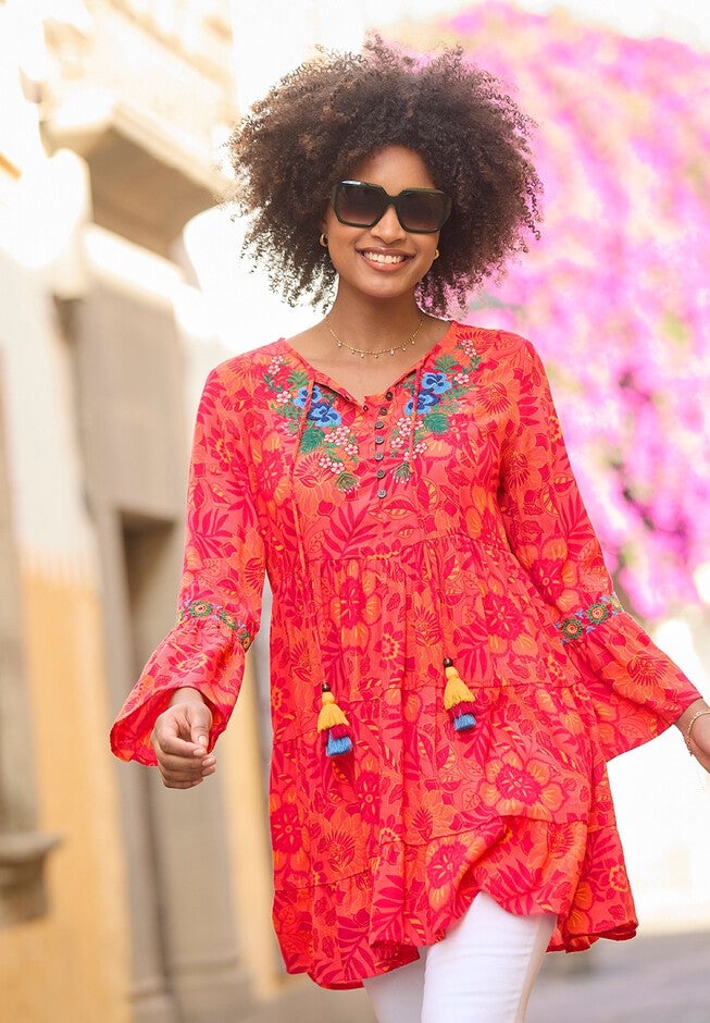 Boho Embroidered Crinkle Tunic, SUNSET FLORAL, hi-res image number null
