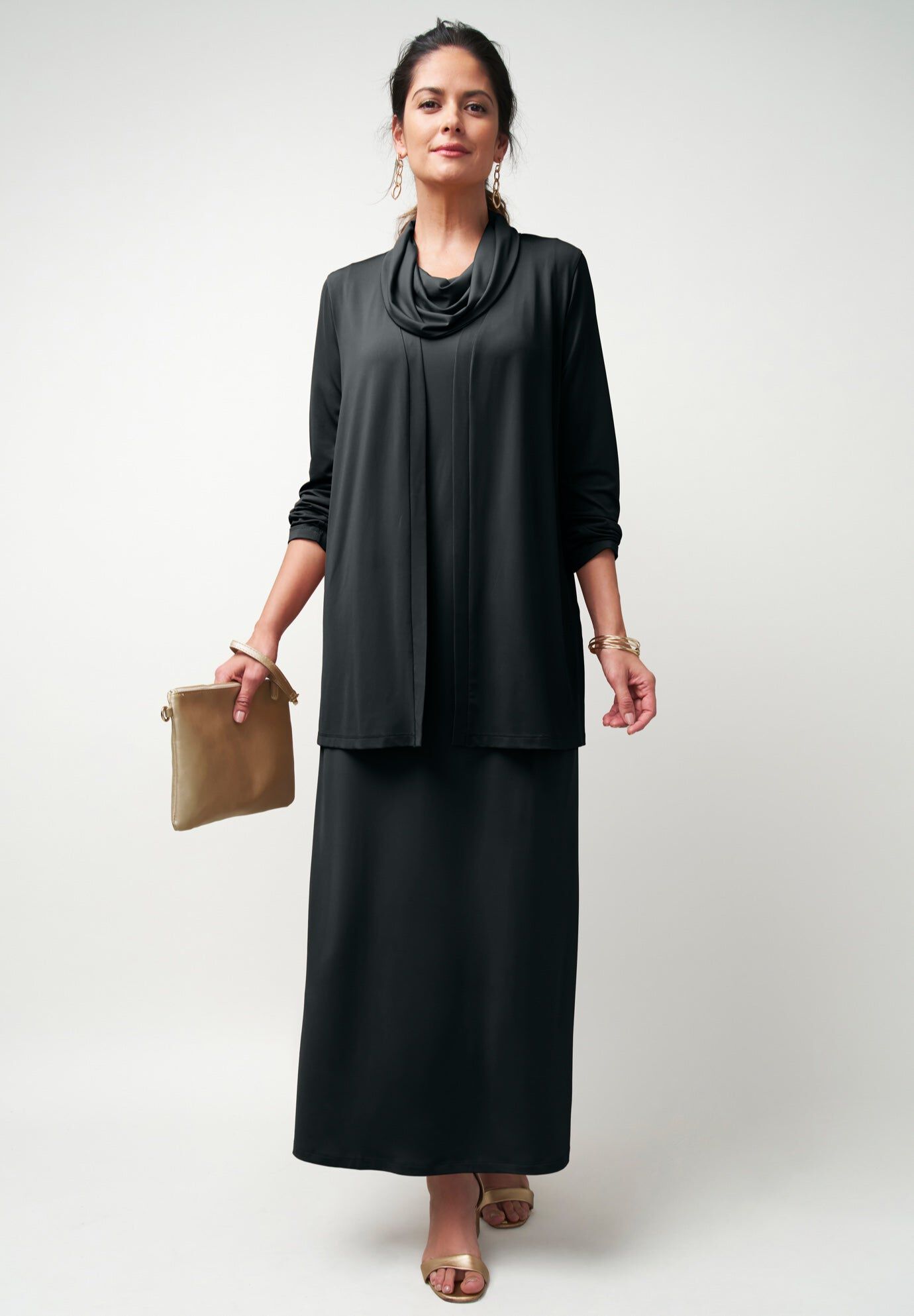 2-Piece Cowlneck Jacket Dress, BLACK, hi-res image number 0