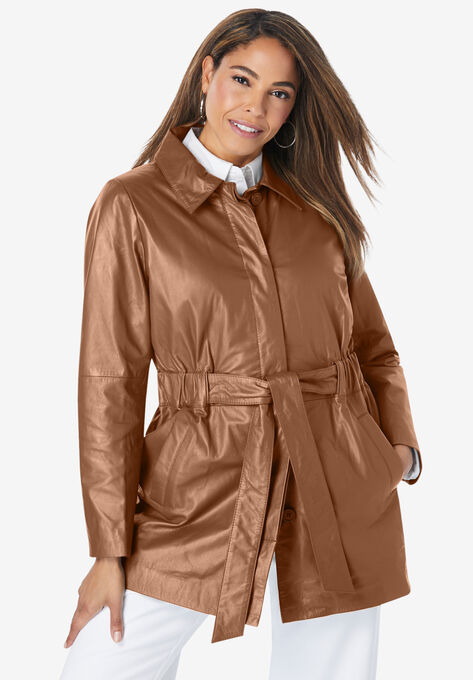 Cinched Waist Leather Jacket, COGNAC, hi-res image number null