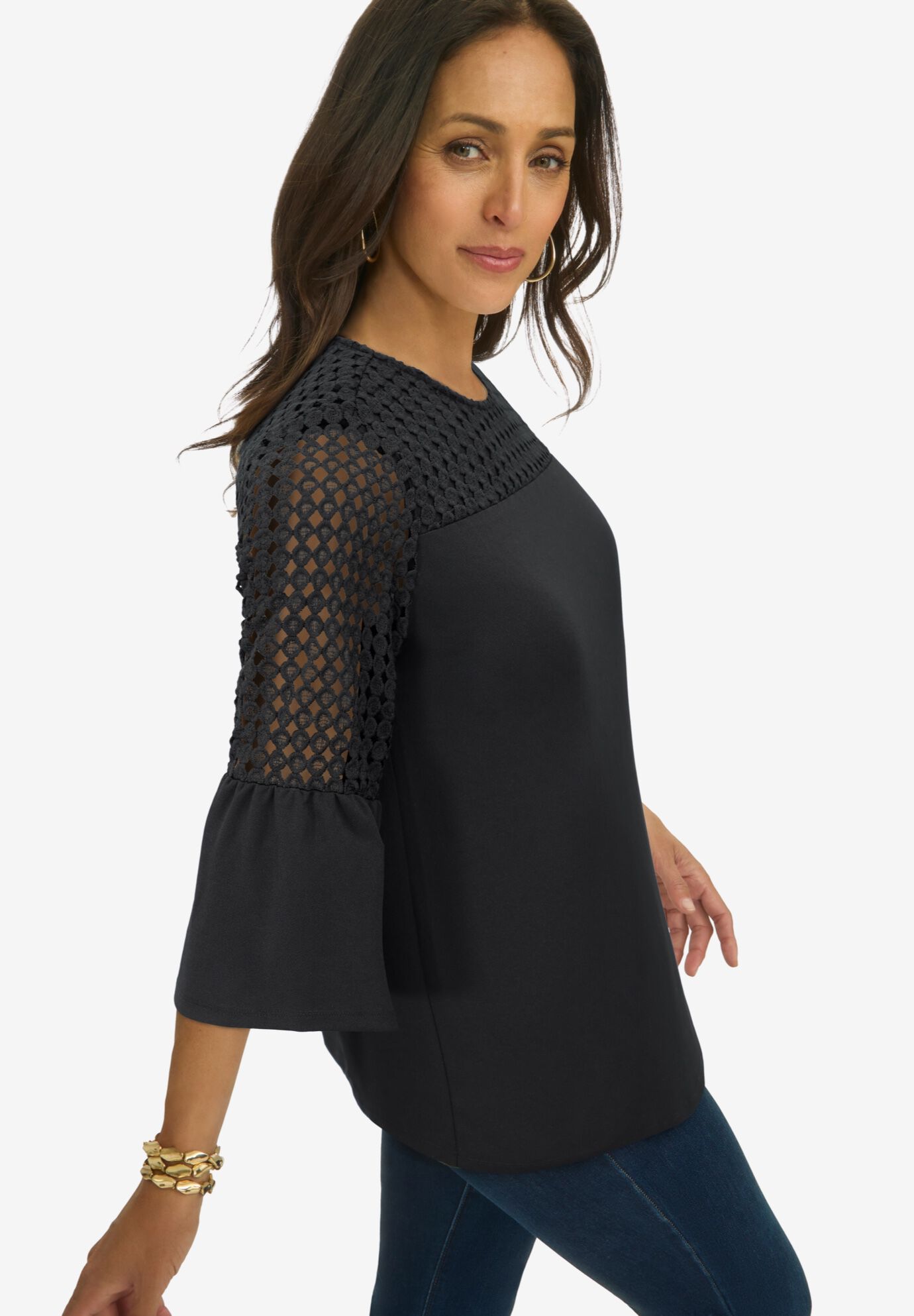 Stretch Lace Mix Top, BLACK, alternate image number 2