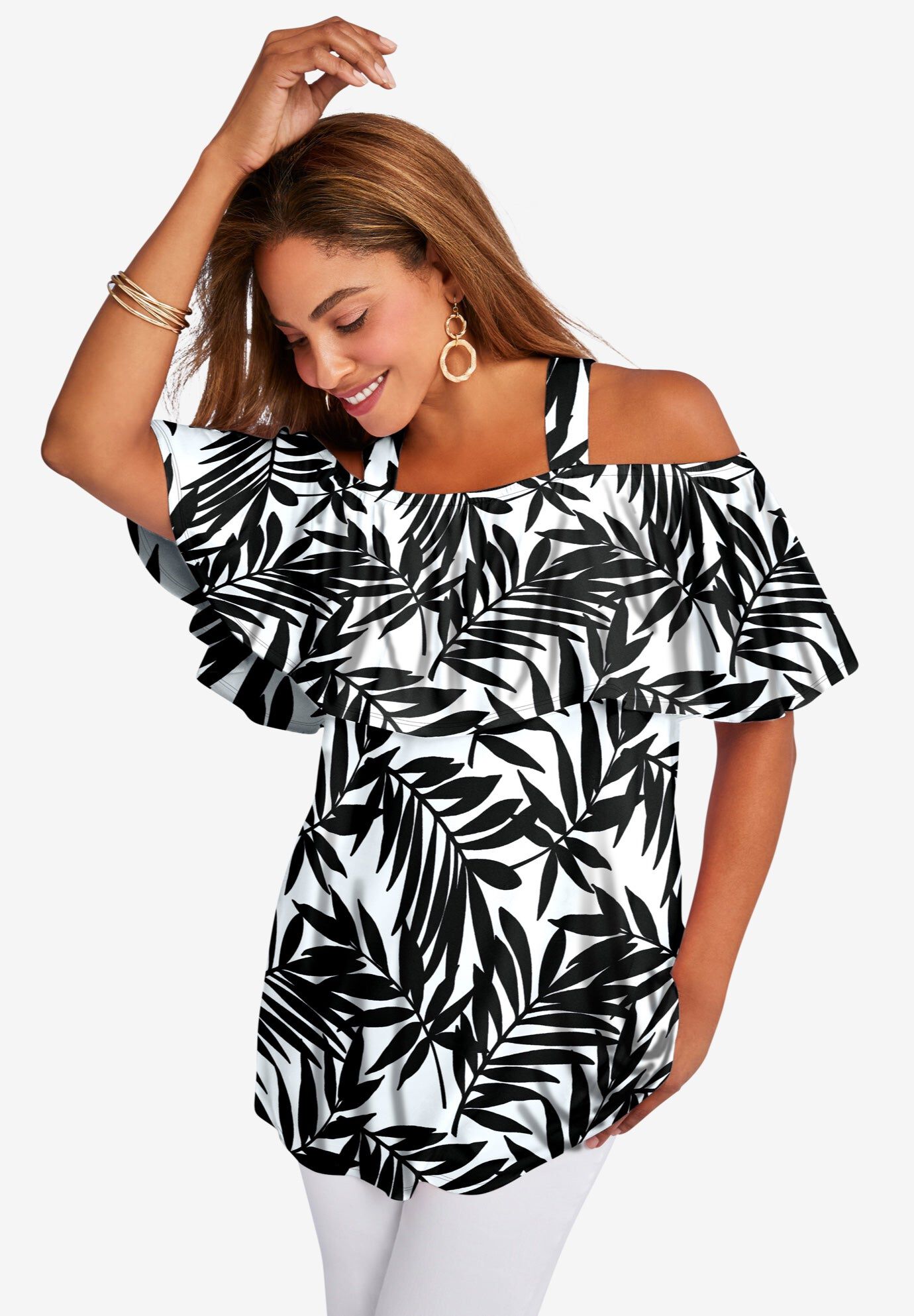 Fashionable Stretch Knit Cold Shoulder Ruffle Tunic, White Palm Garden ...