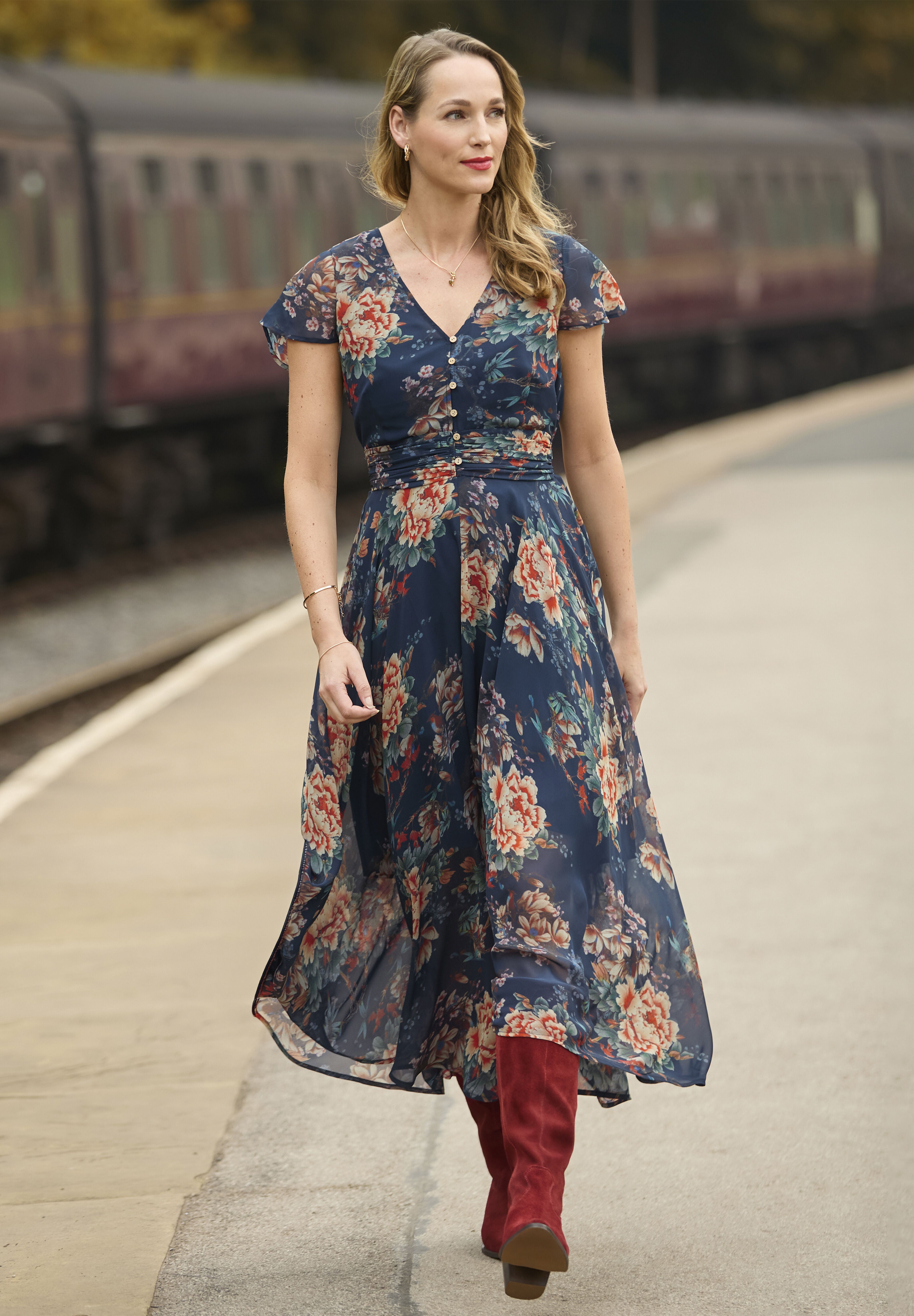 Flutter Sleeve Flyaway Maxi Dress, PRETTY PETALS, hi-res image number 0